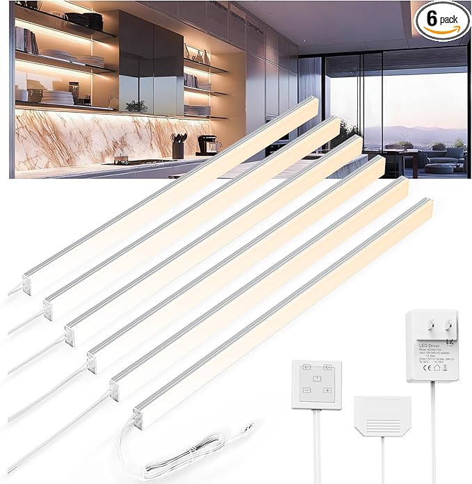 V4light 12'' Aluminum Under Cabinet LED Lights, 6-Pack Ultra-Slim Bars, Plug-in & Wired Touch Dimmer, Adjustable 2700K-6500K Color Temp, Seamless Linkable, Easy Install for Kitchen/Closet/Shelf