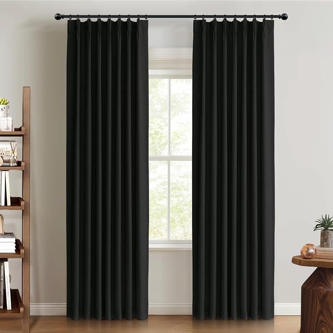 Pinch Pleated Full Blackout Faux Linen Curtains 84 Inches Long | Black by 100BlackoutShield