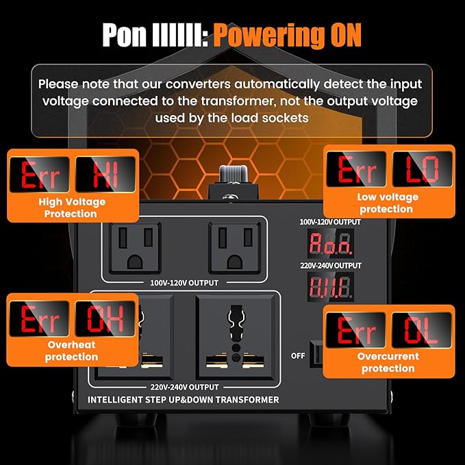 2000W Voltage Converter Transformer Step Up 110V/120V to220V/240V or Step Down 220V to 110V AC Power Converte, Circuit Breaker Protection, 2 US sockets, 2 Universal sockets, LCD Display
