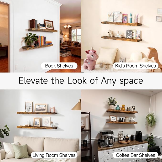 BAYKA Rustic Brown Floating Shelves 35.4in, Wall Mount Wood Shelf | Easy Install - Image 7