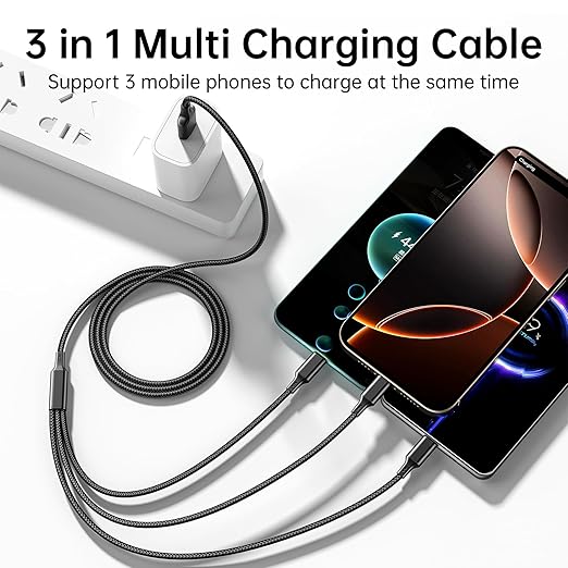 Multi USB Charging Cable 3A, 3 in 1 Fast Charger Cord Connector with Dual Phone/Type C/Micro USB Port Adapter, Compatible with Tablets Phone 12 11 Pro 8 7 6 Samsung Galaxy (4FT/2Pack Charging Only)