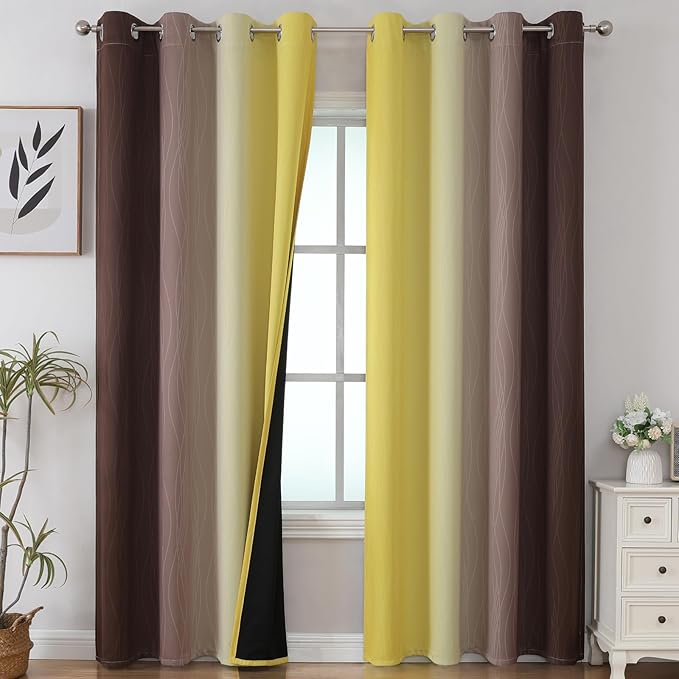 Brown and Yellow Blackout Curtains 52Wx96L Inch 2 Panels | Thermal Insulated by ESTELARTEXTILER