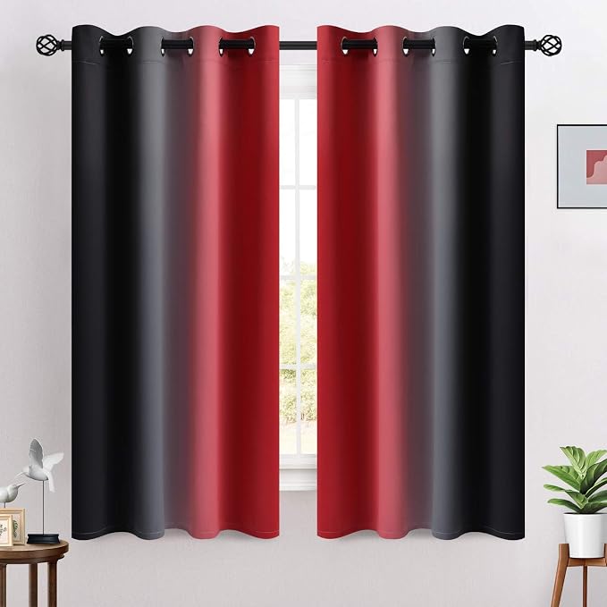 COSVIYA Grommet Room Darkening Ombre Red and Black Curtains W52xL63 inch | Red - Image 2