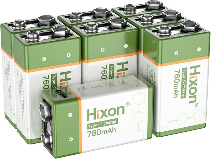 Hixon USB 9V Rechargeable Lithium Batteries - Long-Lasting 760mAh 9 Volt LI-ion Batteries with Type C Charging Cable - for Alarms Wireless Microphones Smoke Detectors Toys(8 Pack)