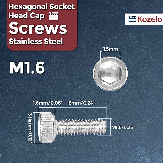 Kozelo 100pcs Socket Head Cap Screws - [M1.6-0.35 x 6mm] 304 Stainless Steel Allen Socket Drive for Electrical Motor 3D Printing Fan Engine Replacement Use, Silver