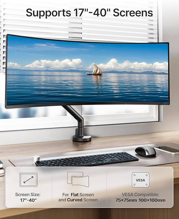 monTEK Single Monitor Arm for 17-40 Inch Screens, Up to 24.25lbs, Heavy Duty Monitor Mount with VESA Mount, Full Motion Adjustment Monitor Stand C-Clamp/Grommet Base, MA1010BK