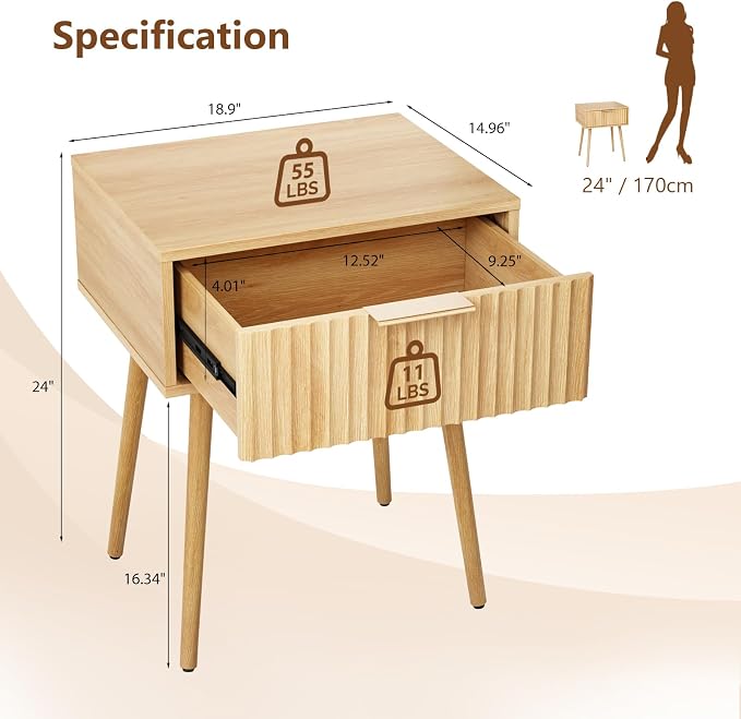 VINGLI Fluted Nightstand with Drawer, Bedside Table, End Tables Bedroom - Image 2