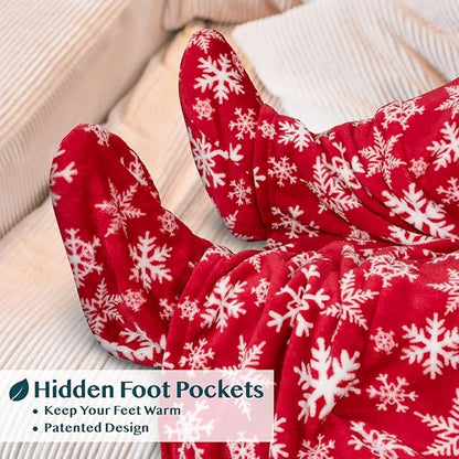 PAVILIA Fleece Blanket with Sleeves, Foot Pockets for Women Men Adults, Plush Wearable Blanket Throw Wrap, Warm Snuggle Blanket Robe, Cozy Gift Ideas Wife Mom, Snowflake Red