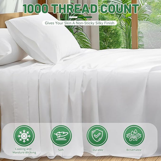100% Egyptian Cotton Sheets King Size 4PCS 1000 Thread Count Sateen Weave Soft Breathable 16-Inch Deep Pocket （King,White）