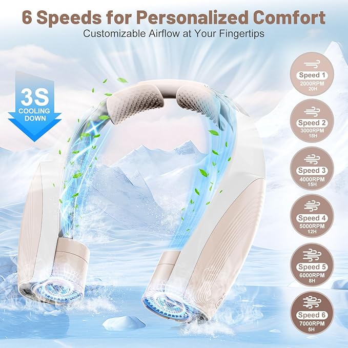 AI Portable Neck Fan with 6 Powerful Speeds, 8000mAh Battery Operated USB-C Rechargeable Fan, Hands-Free 360° Cooling Neck Fan,Twistable,Ultra-Quiet Personal Fan for Women Men Office Travel(Champagne)