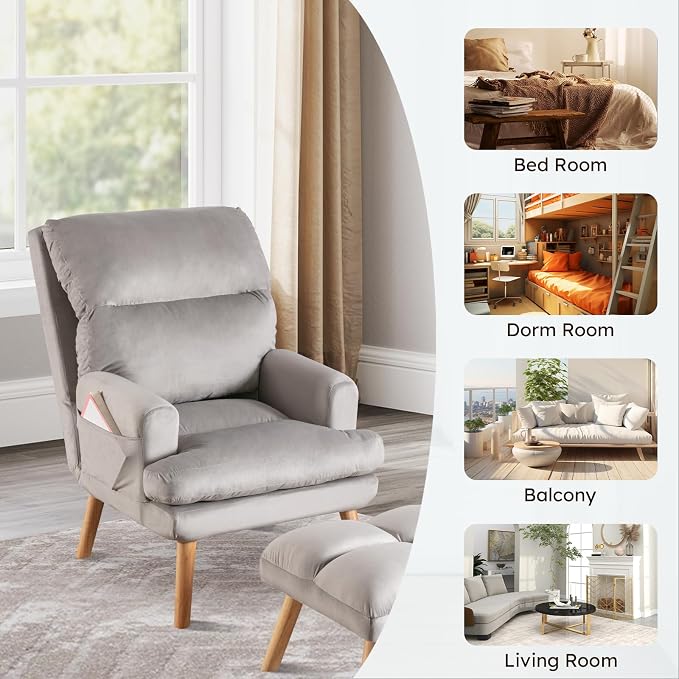 IOMOR Accent Chair with Ottoman, Velvet Fabric Chair Armchair with Adjustable - Image 6
