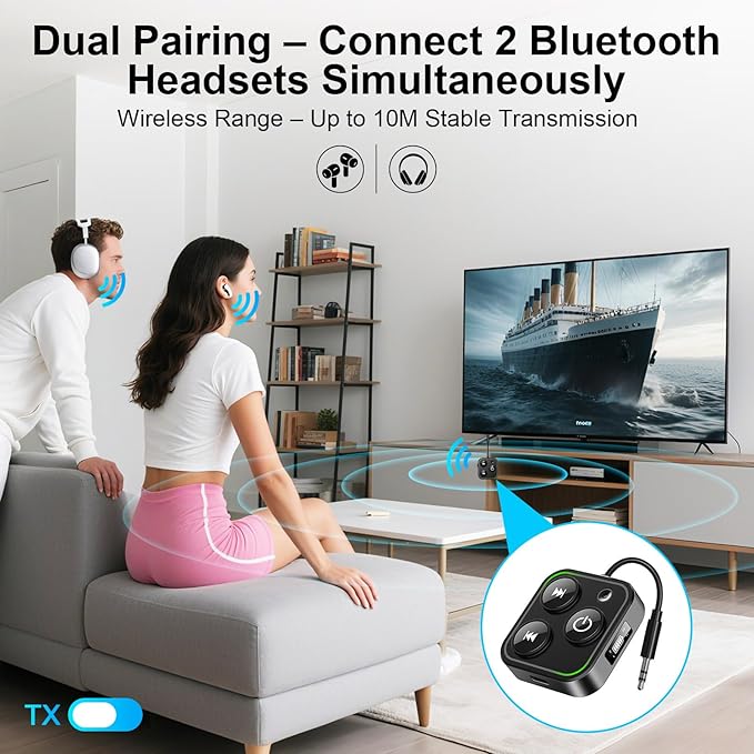 2026 Pro Bluetooth 5.4 Transmitter Receiver, 2-in-1 Wireless Audio Adapter for Airplane/TV/PC/Gym - Dual Link Headphone, Low Latency, Battery Display, Built-in Mic, 30H Playtime, Aviation Metal Frame