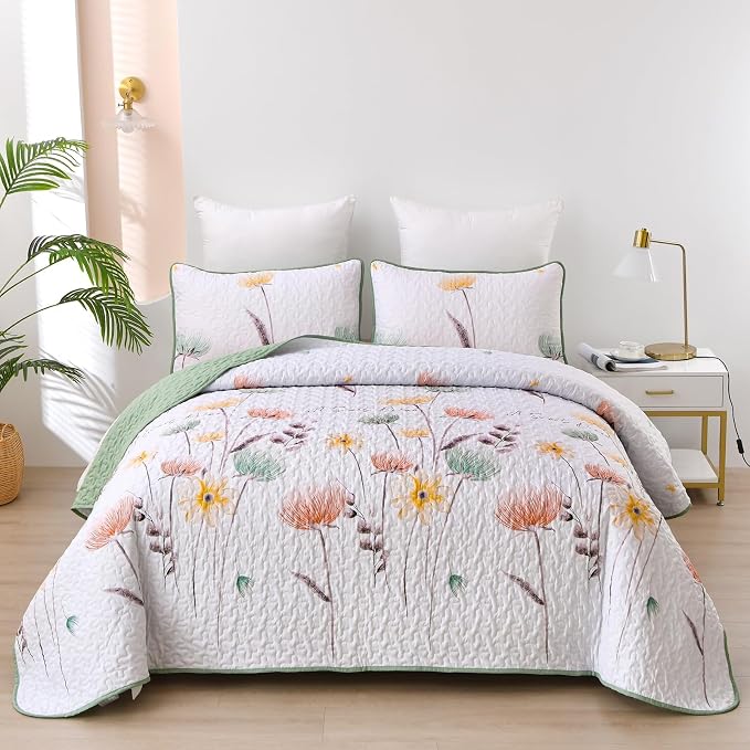 Dinjoy Floral Quilt Set Queen, 3 Pieces Sage Green Botanical Bedspreads | Soft by DINJOY