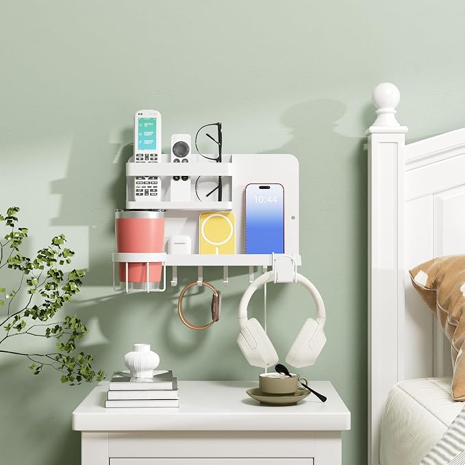 White Wall Mount Bedside Shelf for Remote & Makeup Organizer | Space-saving - Image 9