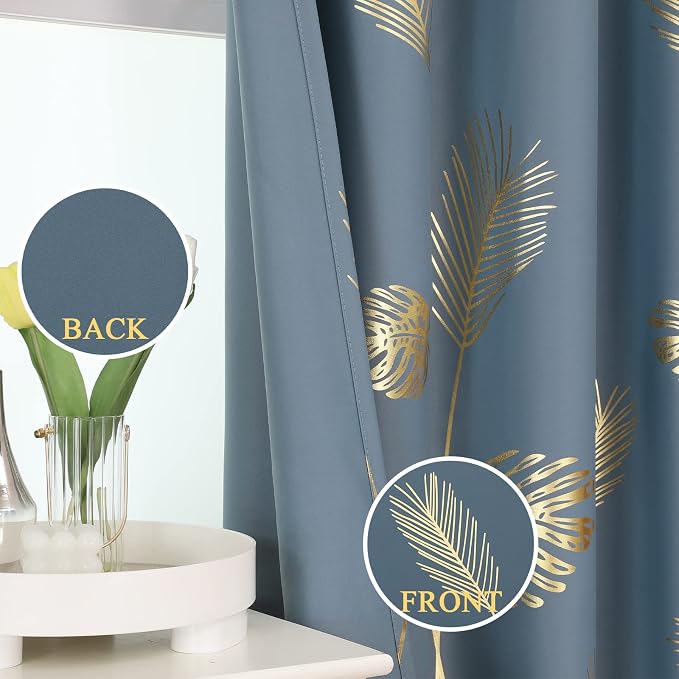 Stone Blue Blackout Curtains for Bedroom, Room Darkening Gold Palm Tree Pattern - Image 3