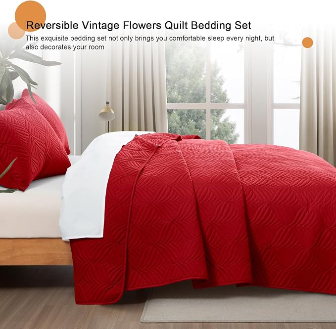 Whale Flotilla Extra Soft Twin Quilt Bedding Set, Lightweight Bedspreads | Red - Image 6