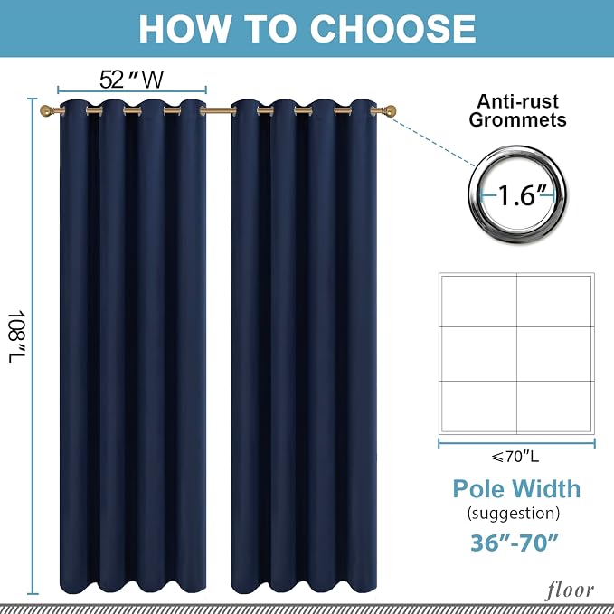 Diraysid Navy Blue Grommet Blackout Curtains - Image 3