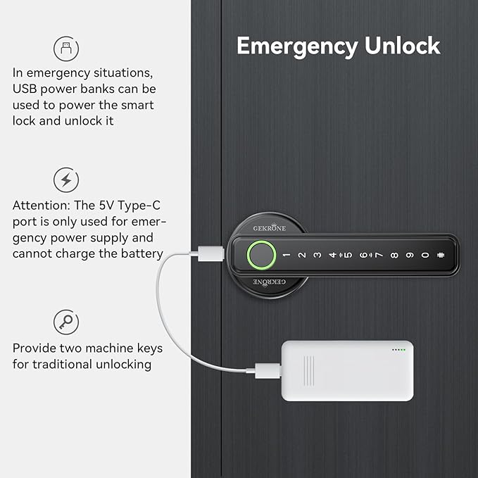 GEKRONE Fingerprint Smart Lever Lock TUYA APP Control Keyless Entry Bluetooth Touchscreen Indoor Handle Biometric Electronic Digital Door Knob with Keypad Suitable for Hotel Office Apartment Bedroom