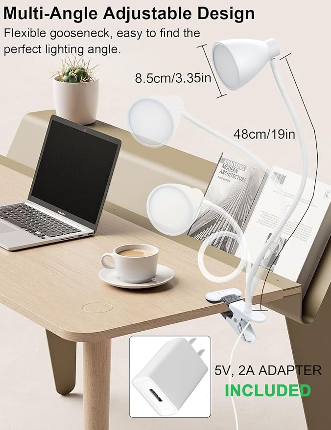 BOHON Clamp Lamp 5 Color Modes 10 Brightness Dimmer Bedside Lamp, Adapter - Image 5