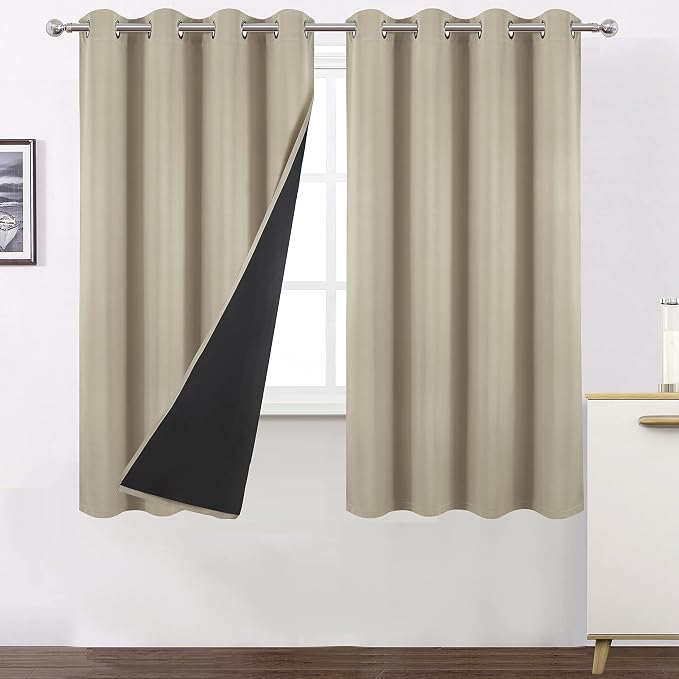 100% Blackout Curtains 52 x 63 Inch/Beige Curtains 2 Panels by Lemomo