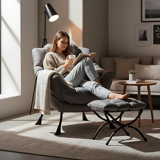 Welnow Lazy Chair with Ottoman, Reading Chair with Footrest, Dark Grey | A Side - Image 2