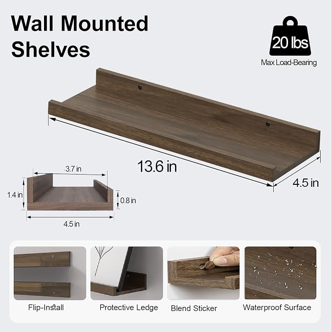 Walnut Floating Shelves for Wall Decor, 14 in Shelf - Image 3