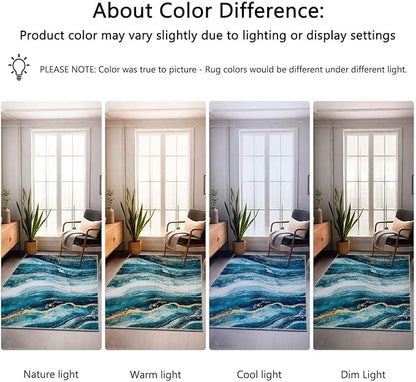 2x3 Abstract Entryway Area Rug Blue White Golden Bathroom Rug Non Slip Machine Washable Low Pile Small Carpet Kitchen Bedroom Door Mat Entrance