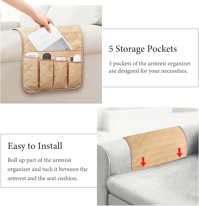 Armchair Caddy for Recliner, Non Slip Sofa Arm Organizer, Khaki | 5-Pocket - Image 6