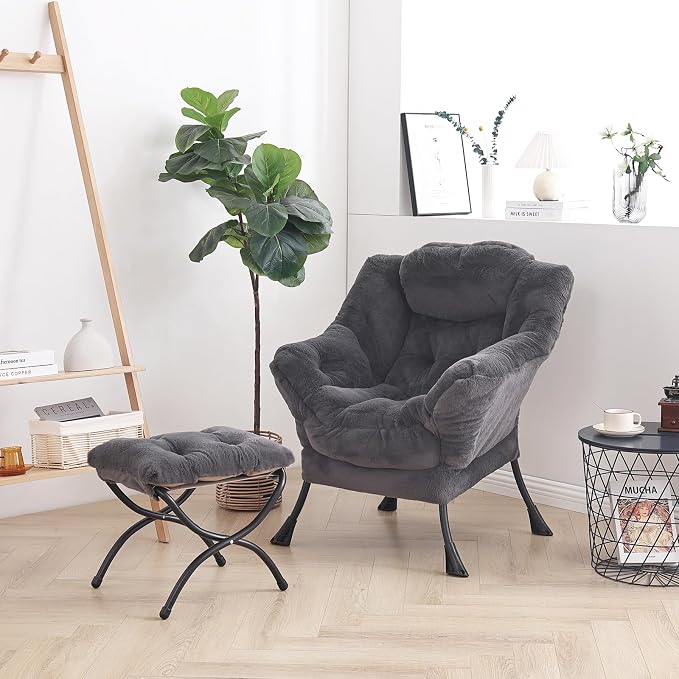 Lazy Chair with Ottoman, Comfy Accent Reading Chair, Plush Navy | Foldable - Image 4