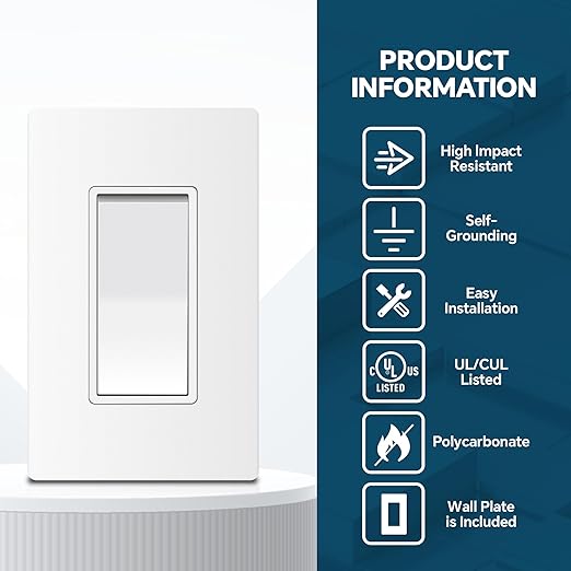 ThunderWay Matte White Single Pole Decorator Light Switch with Screwless Wall Plate, 15 A 120/277 V, ON/Off Rocker Paddle Interrupter, Self-Grounding, Residential Grade, UL Listed (10 Pack)