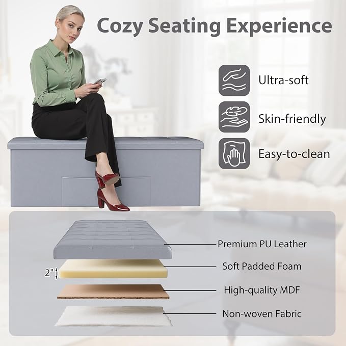 Giantex 43 Inches Folding Storage Ottoman Bench, Upholstered PU Leather Storage - Image 6