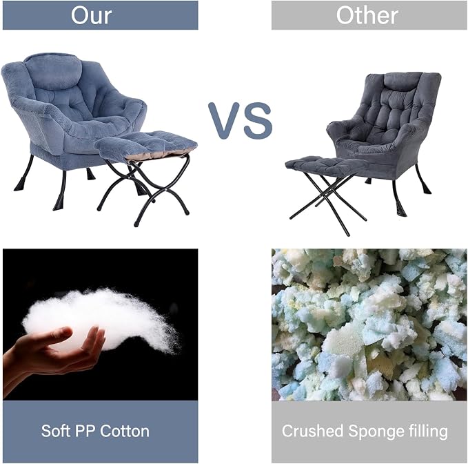 Lazy Chair with Ottoman, Comfy Accent Reading Chair, Plush Blue | Foldable - Image 5
