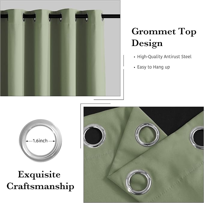 RYB HOME Green Blackout Curtains 63 inches Length, 100% Blackout Thermal - Image 2