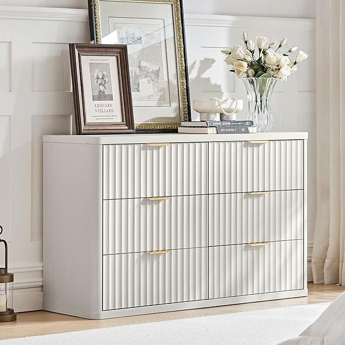LEYAOYAO Fluted Dresser and 3 Drawers Nightstand Set of 2, Wood 48" Wide Dresser & 23" Night Stand with Charging Station, 3 Piece Bedroom Furniture Set, Chest of Drawers for Living Room,Antique White
