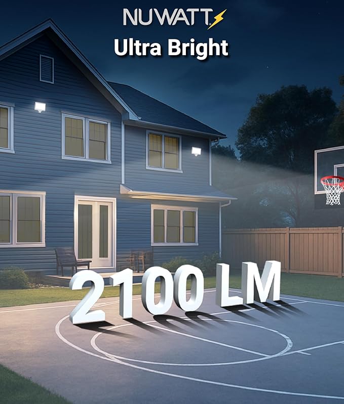 NUWATT 15W LED Flood Light, 3CCT 3000K/4000K/5000K Selectable, IP65 Waterproof Lighting, 1/2" Adjustable Knuckle Mount, 2100 Lumens, 120-277V, Outdoor Security Floodlight for Yard, White, UL