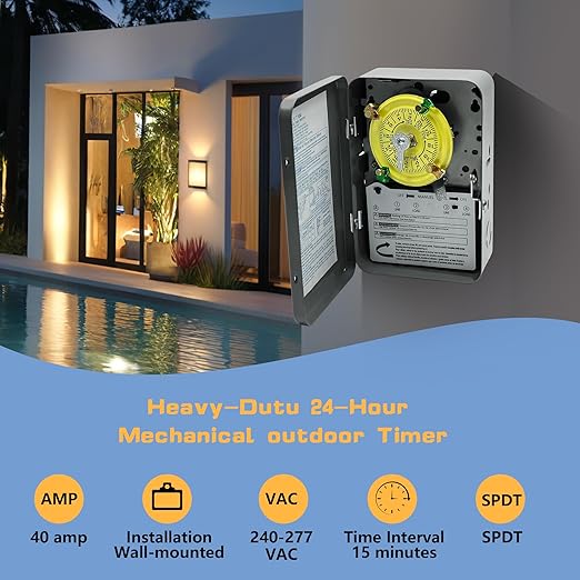 T104 Electromechanical Timer Switch,208-277 VAC 5HP 40A DPST Pool Timers,12 ON/Off Operations,Manual Override Included Trippers,Heavy Duty Pool Pump Timer