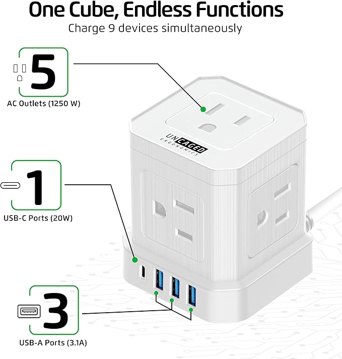 Cube Power Strips with Surge Protection, 6ft Extension Cord with Multiple Outlets, 5 Ac Plugs, 3 USB, 1 Usbc Fast Charging Power Strip with USB Ports, Mountable On/Off Switch Charging Station