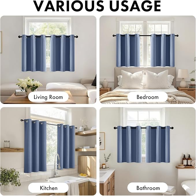 Short Denim Blue Blackout Kitchen Curtain W40 x L45 Inch 2 Panels | Thermal - Image 5