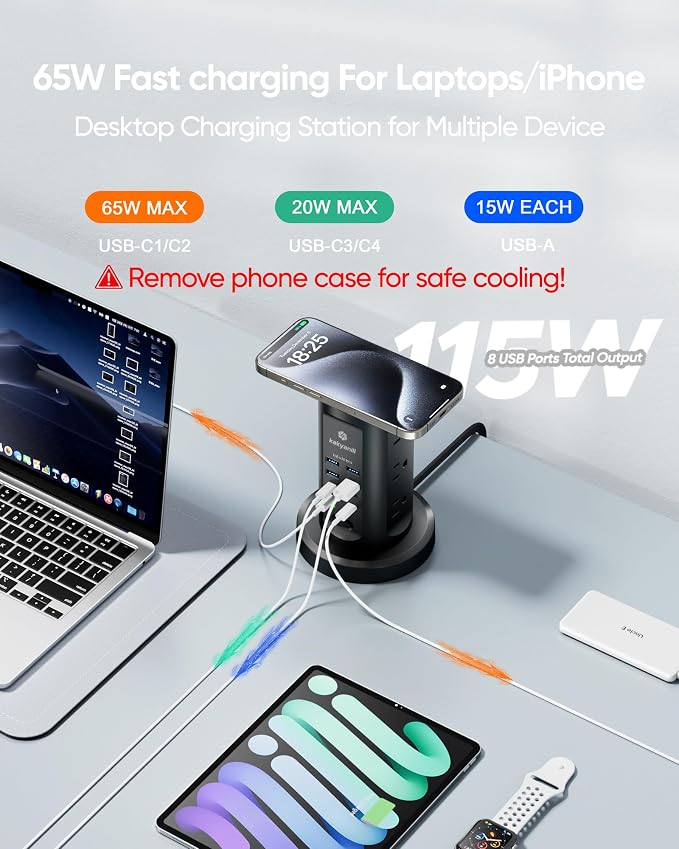 Kakyanill 115W USB Charging Station, Power Strip Tower - Image 3