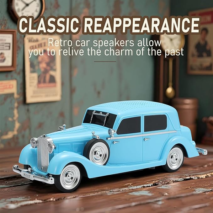 WSTER WS-1934 Retro Classic Car Bluetooth Replica Speaker – Wireless HD Sound with FM Radio,TWS Stereo,LED Party Lights,Built-in Microphone Hands-Free Call, Surprise Portable Gift for Party Use(Blue)