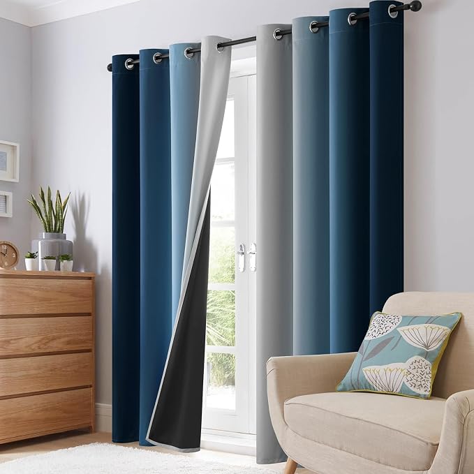 SimpleHome 100% Blackout Ombre Bedroom Curtains Blue and Greyish White - Image 7