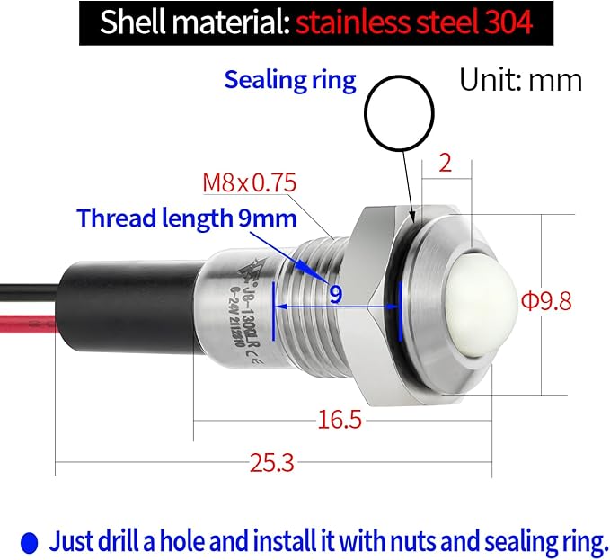 ZGSZJHF UL Listed Mini Indicator Light 8mm 0.31" Waterproof Domed Metal Stainless Steel Signal Lamp 12V-24V DC/AC Red and Green LED Light with 140mm Wire