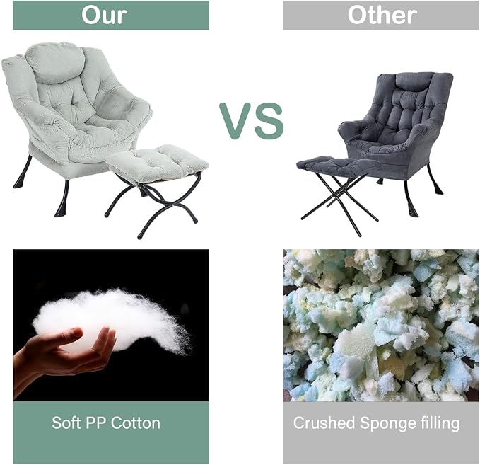 Lazy Chair with Ottoman, Comfy Accent Reading Chair, Plush Green | Foldable - Image 6