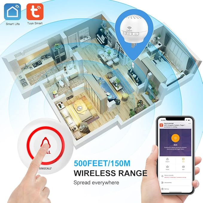 SINGCALL Tuya Caregiver Pager Smart Wireless Calling System WiFi SOS Emergency Home Caring Nurse Buzzer Call Bell System for Old People Patients Children