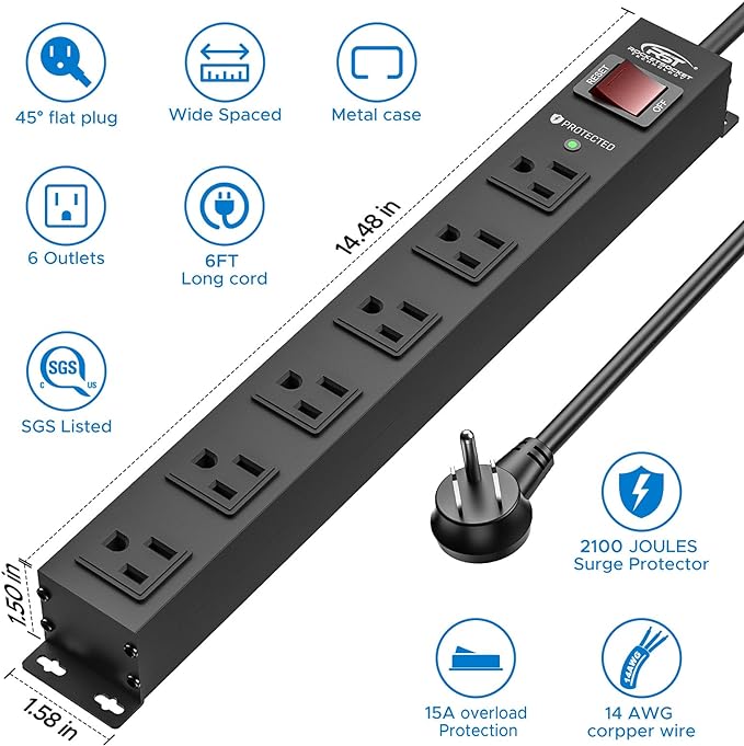 CRST 2Pack 6 Outlet Heavy Duty Power Strip with Switch, 15A/1875W Metal Mountable Power Strip Surge Protector 2100Joules, Wide Spaced Power Bar for Garage Workshop Home School, 6 FT Cord(Black)