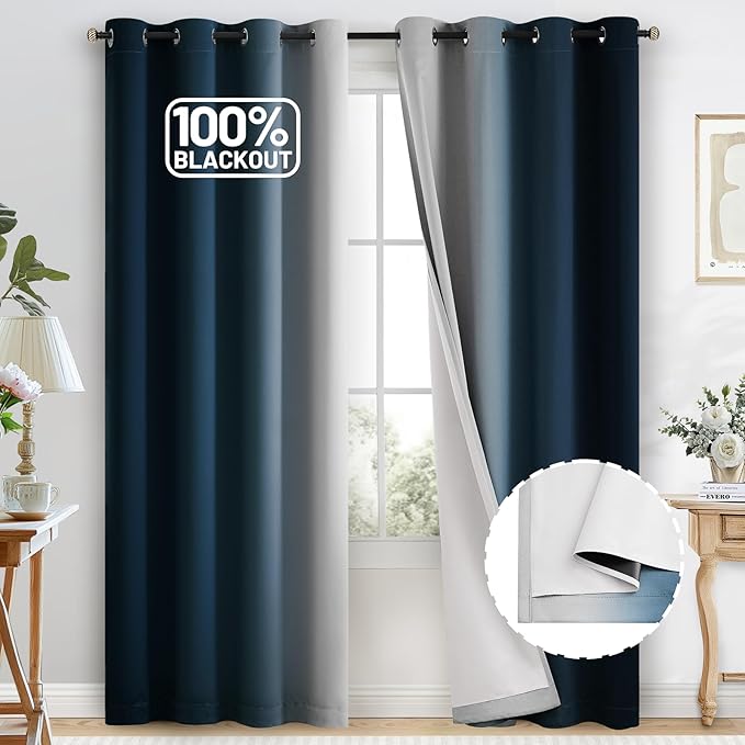 COSVIYA 100% Blackout Navy Blue Ombre Curtains by COSVIYA