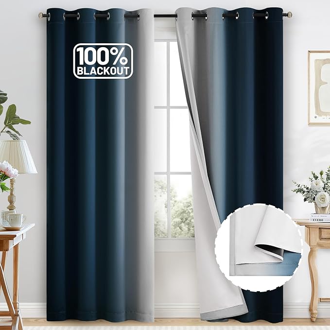 COSVIYA 100% Blackout Navy Blue Ombre Curtains by COSVIYA
