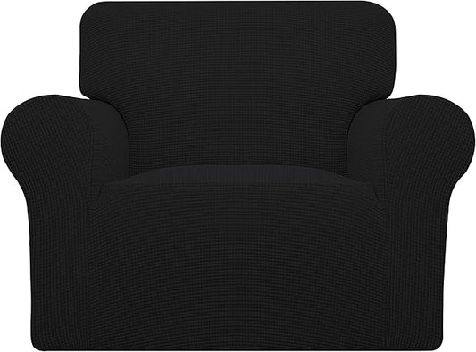 Easy-Going Stretch Chair Sofa Slipcover 1-Piece Couch Sofa Cover Furniture Protector Soft with Elastic Bottom for Kids, Pet. Spandex Jacquard Fabric Small Checks (Chair, Black)