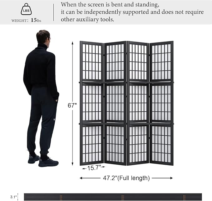 Room Divider with Shelves, 66.9-Inch Tall Japanese Shoji Style Wood Screen with - Image 6