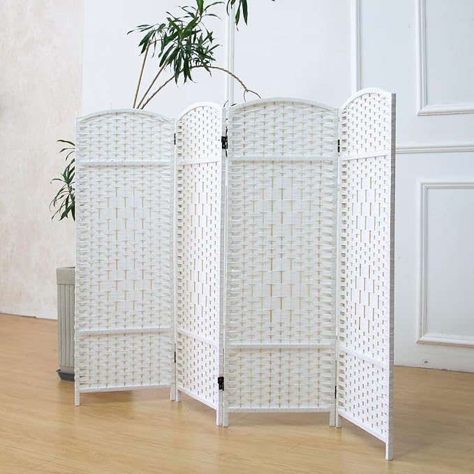 4 Panel Rattan Divider Short Room Partition Screen, Double Sided Folding Divider by Furnnylane